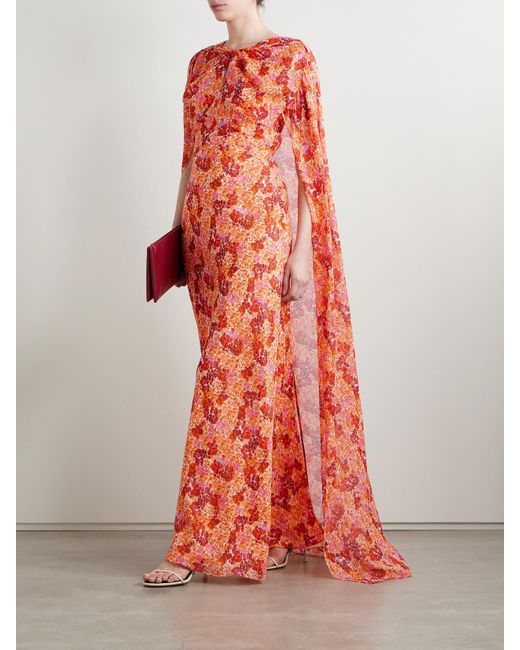 Saloni Red Claudia Robe Aus Seiden-Georgette Mit Blumenprint Und Cape-Effekt