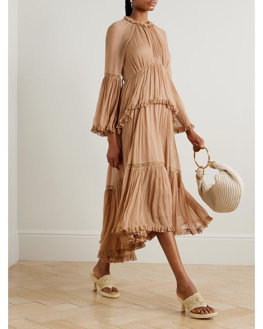 Zimmermann Natural Hypnotic Midikleid Aus Crêpe De Chine Mit Stufen Und Spitzenbesätzen