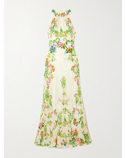 Saloni Metallic Michelle Floral-Print Hammered-Silk Halterneck Gown