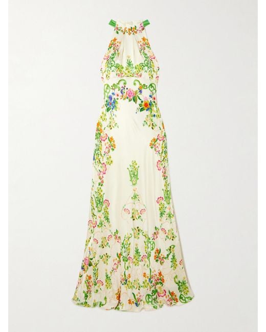 Saloni Metallic Michelle Floral-Print Hammered-Silk Halterneck Gown