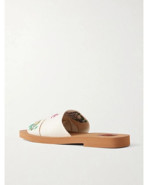 Chloé White Embroidered Linen-Trim Sandals