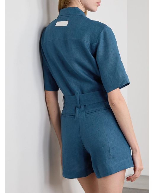 Rivet Utility Blue Influencer Playsuit Aus Leinen Mit Bindegürtel