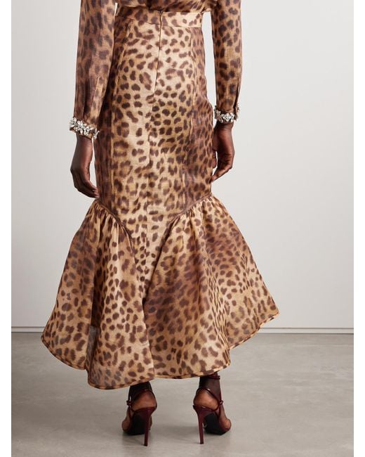 Zimmermann Brown Crush Ruffled Paneled Leopard-Print Linen And Silk-Blend Organza Maxi Skirt