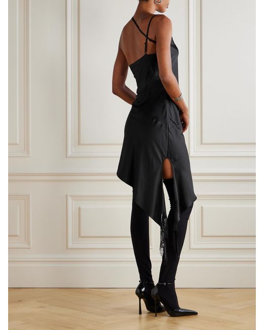 Courreges Black Asymmetrical Lace-Trimmed Satin Mini Dress