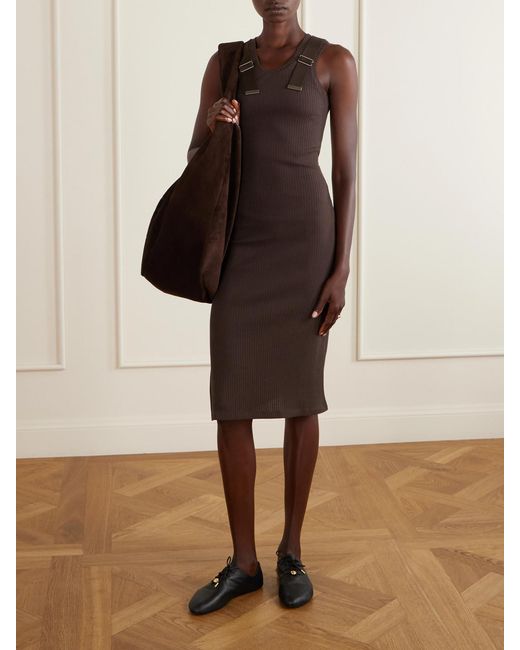 Loewe Brown Embellished Ribbed Stretch-Cotton Midi Dress