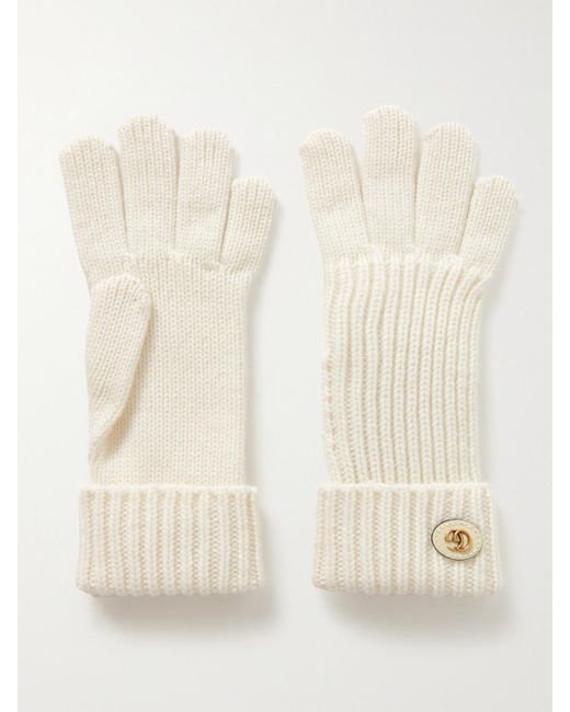 Gucci Natural Embellished Leather-Trimmed Wool And Cashmere-Blend Gloves
