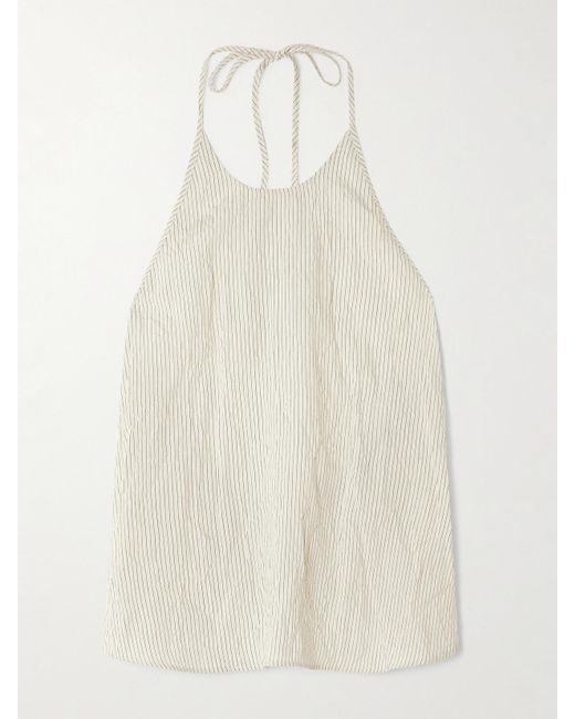 St. Agni White Crinkled Pinstriped Woven Halterneck Tank