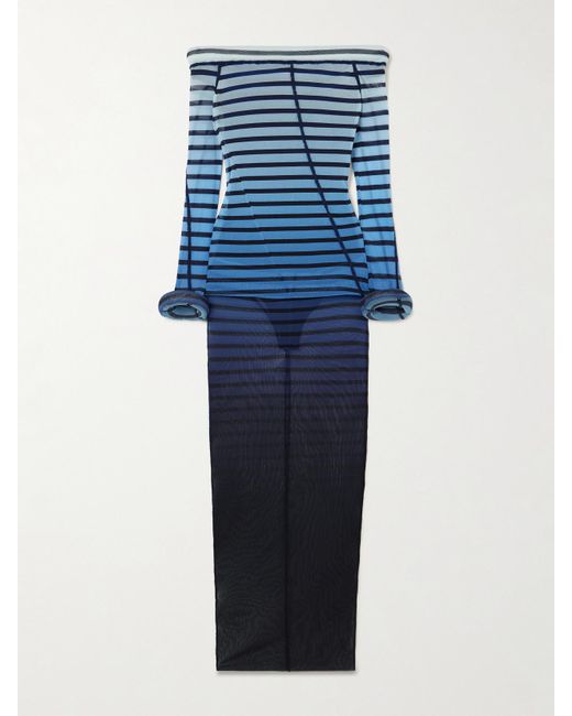 Jean Paul Gaultier Blue Off-The-Shoulder Padded Striped Stretch-Mesh Maxi Dress