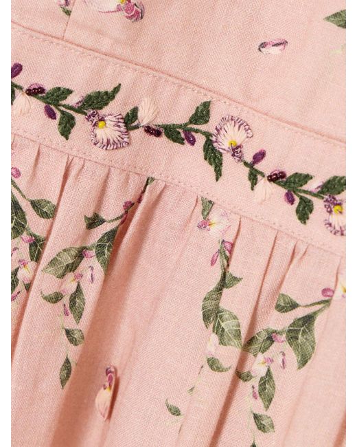 Agua Bendita Pink Consuelo Wisteria Tiered Embroidered Floral-Print Linen Halterneck Midi Dress