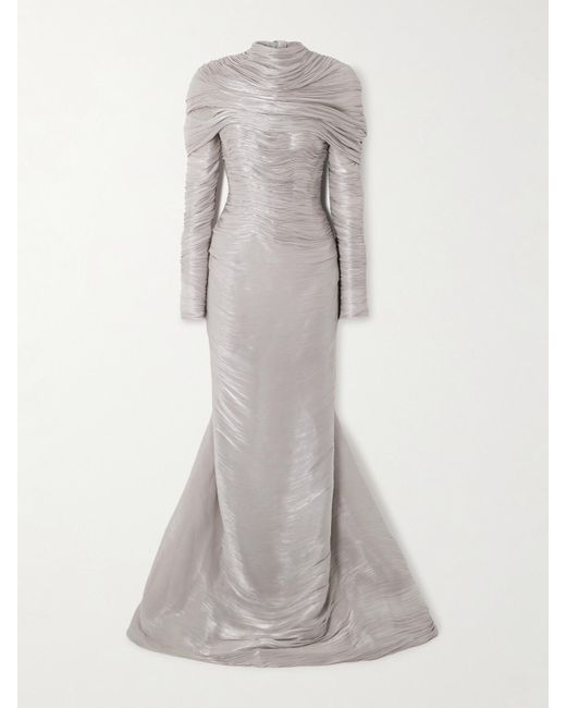 Marmar Halim Gray Cape-Effect Metallic Plissé-Chiffon Gown
