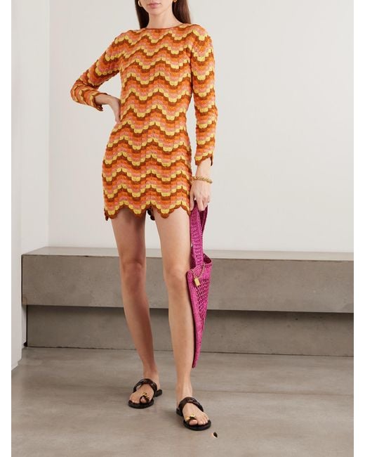 Escvdo Orange Victoria Scalloped Crocheted Cotton Mini Dress