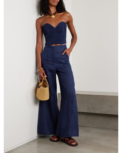 ANDRES OTALORA Blue Prateek Embroidered Linen Corset Top