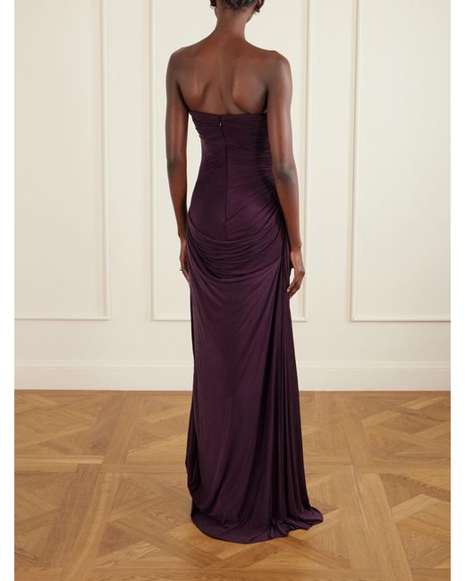 Danielle Frankel Purple Harris Asymmetric Draped Satin-Jersey Gown