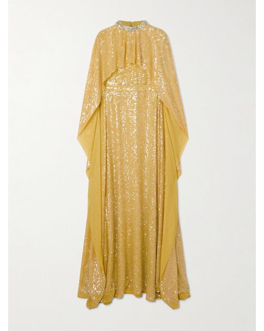 Erdem Yellow Cape-Effect Crystal-Embellished Sequined Crepe De Chine Gown