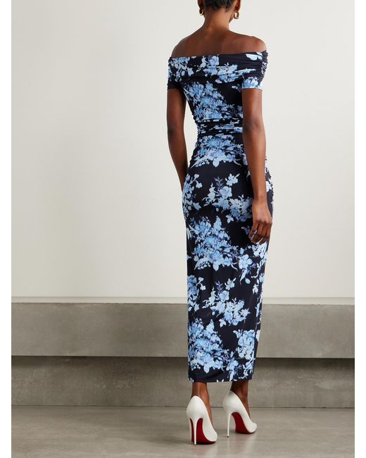 Carolina Herrera Blue Off-The-Shoulder Ruched Floral-Print Stretch-Jersey Midi Dress