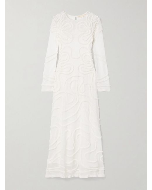Ulla Johnson White Valentina Appliquéd Pointelle-Knit Midi Dress