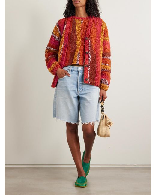 The Elder Statesman Red Striped Organic Cotton-Bouclé Cardigan