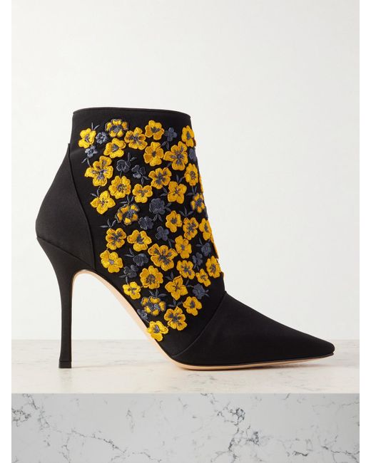 Manolo Blahnik Black Botiye 105 Embroidered Silk Crepe De Chine Ankle Boots