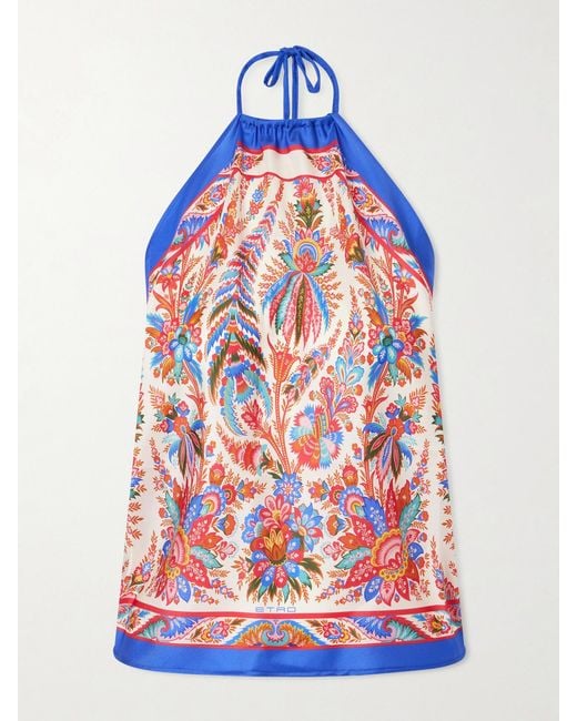 Etro Blue Cropped Printed Silk-Satin Halterneck Top