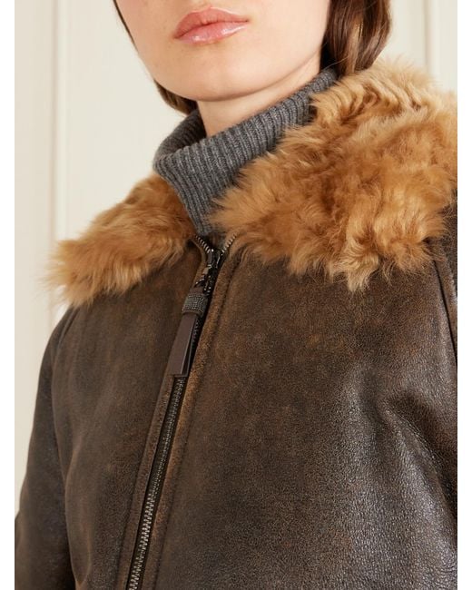 Brunello Cucinelli Brown Shearling-Trimmed Leather Jacket