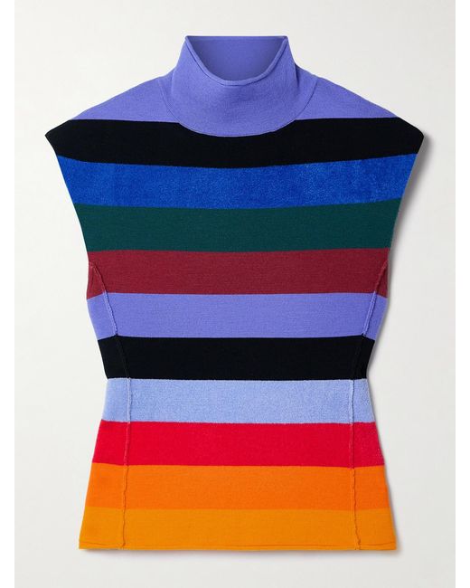 Christopher John Rogers Blue Striped Wool-Blend Turtleneck Tank