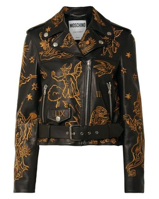 Moschino Black Embroidered Leather Biker Jacket