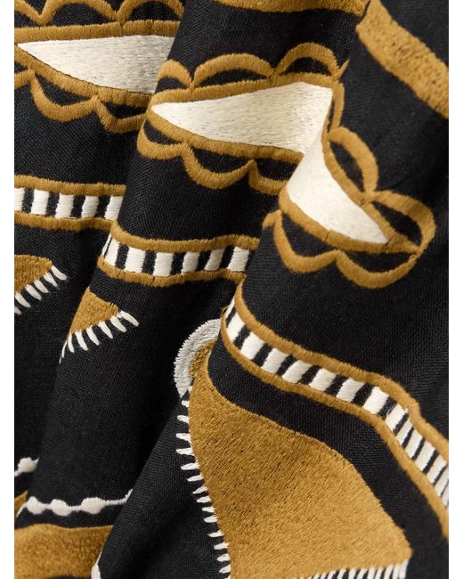 Eres Black Ornament Belted Embroidered Linen Midi Dress
