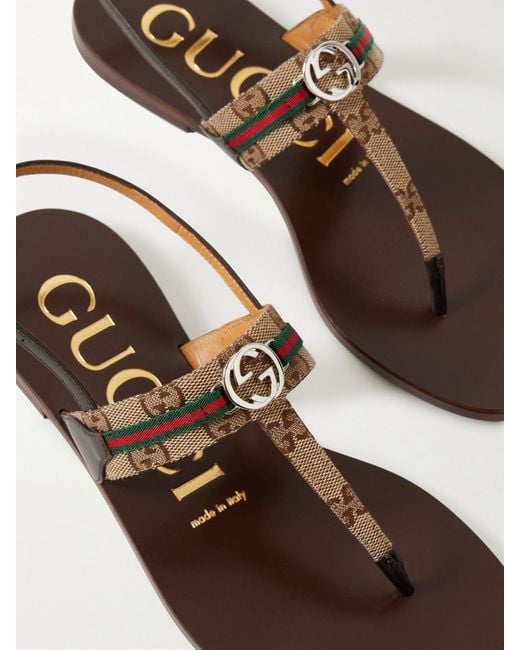 Gucci Natural Kika Logo-Embellished Webbing And Leather-Trimmed Canvas-Jacquard Sandals