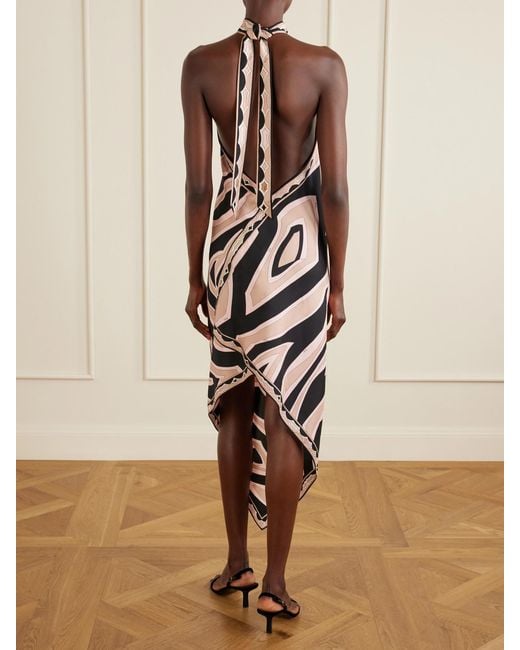 Emilio Pucci White Asymmetric Printed Silk-Twill Halterneck Dress