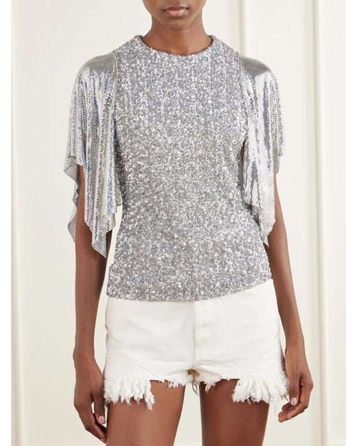 Rabanne Gray Chainmail-Trimmed Sequined Mesh Blouse