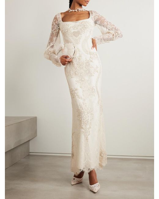 Clio Peppiatt White Flora Embellished Lace Gown