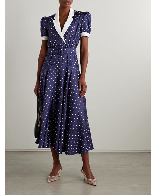 Rodarte Blue Midikleid Aus Seiden-Twill Mit Polka-Dots, Crêpe-De-Chine-Besätzen Und Gürtel