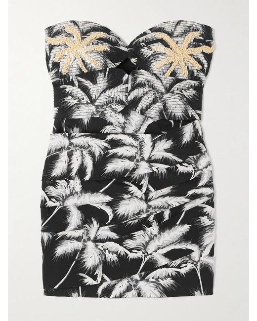 Johanna Ortiz Gray Sombra Tropical Trägerloses Minikleid Aus Einer Bedruckten Baumwollmischung Mit Verzierungen