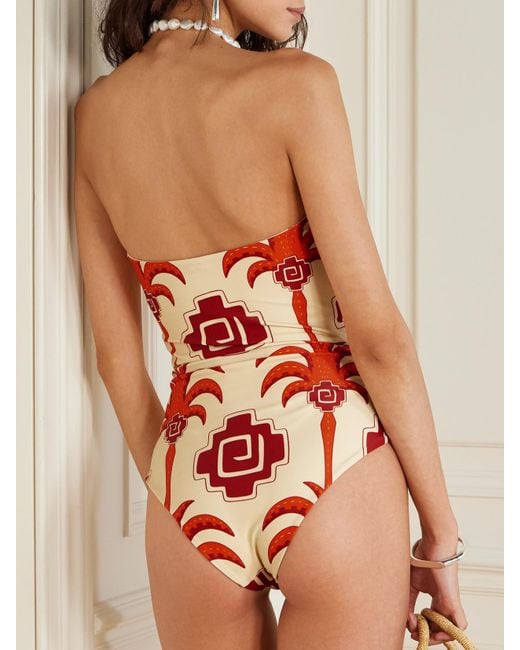 Johanna Ortiz Red Alta Mar Strapless Printed Recycled Swimsuit