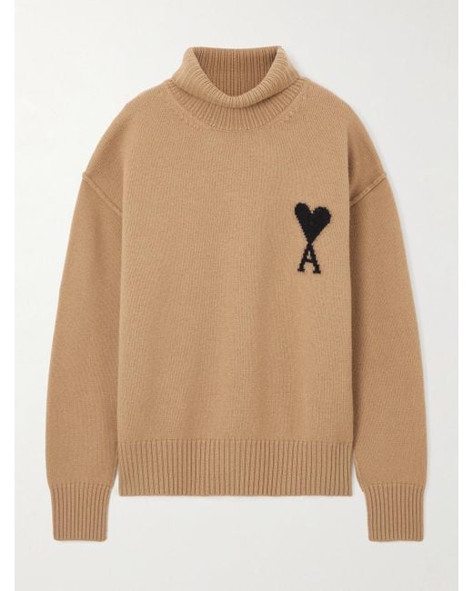 AMI Natural Oversized Intarsia-Knit Wool Turtleneck Sweater