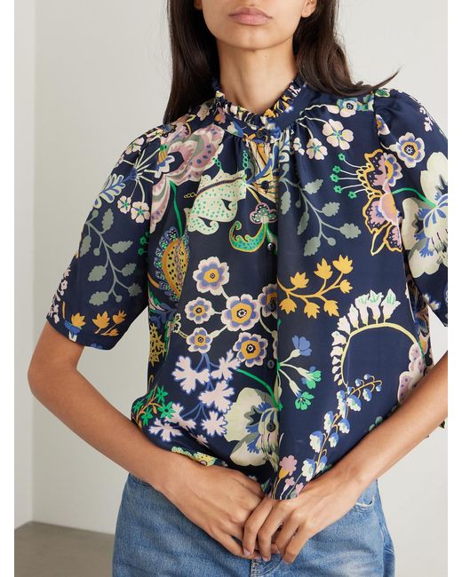 Alix Of Bohemia Blue Winn Cropped Printed Silk Crepe De Chine Shirt