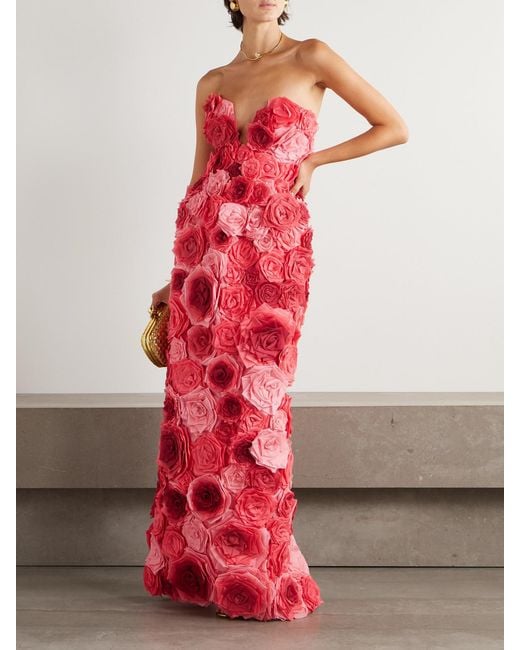 Erdem Red Embellished Off-The-Shoulder Silk-Chiffon Gown