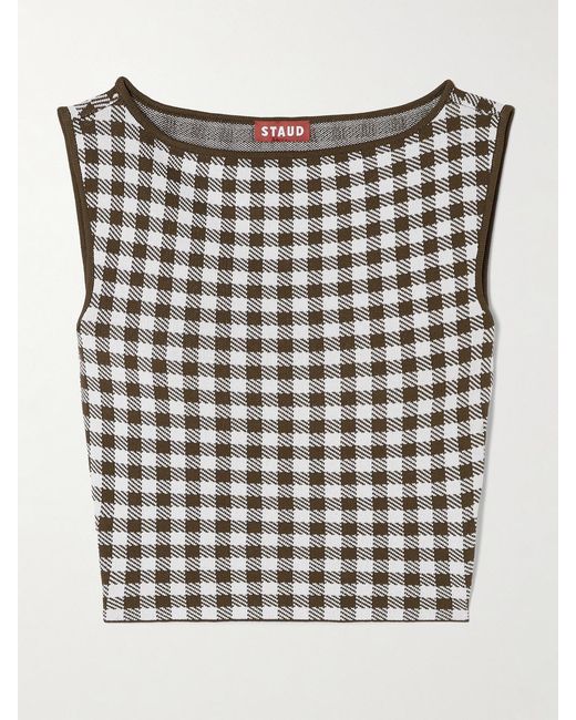 Staud Black Montgomery Cropped Gingham Jacquard-Knit Tank