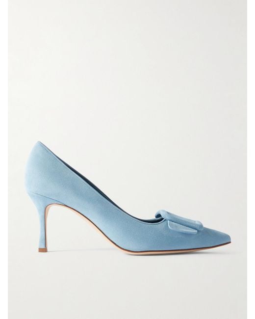 Manolo Blahnik Blue Maysale 70 Buckled Suede Pumps