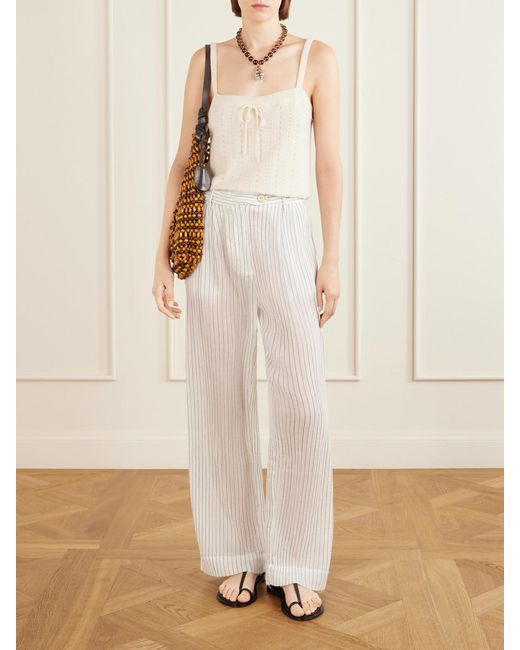 Alix Of Bohemia White Diana Sea Salt Pleated Pinstriped Cotton-Gauze Wide-Leg Pants