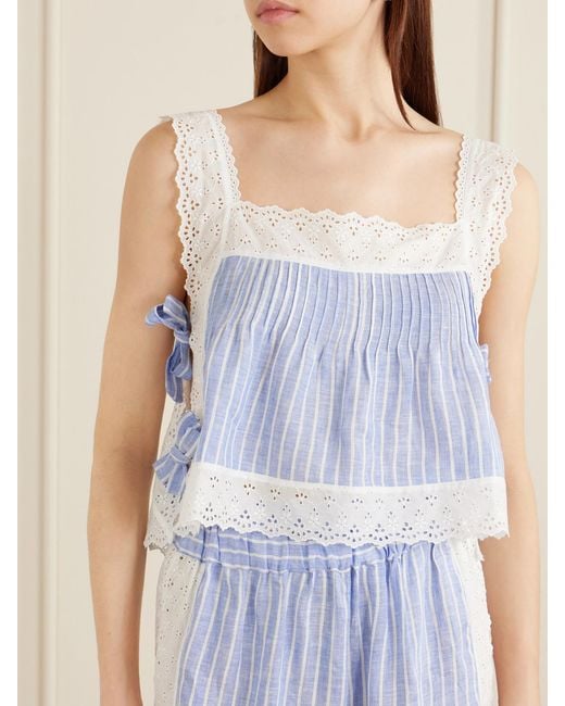 Loretta Caponi Blue Fiocchini Pleated Striped Broderie Anglaise-Trimmed Linen Top