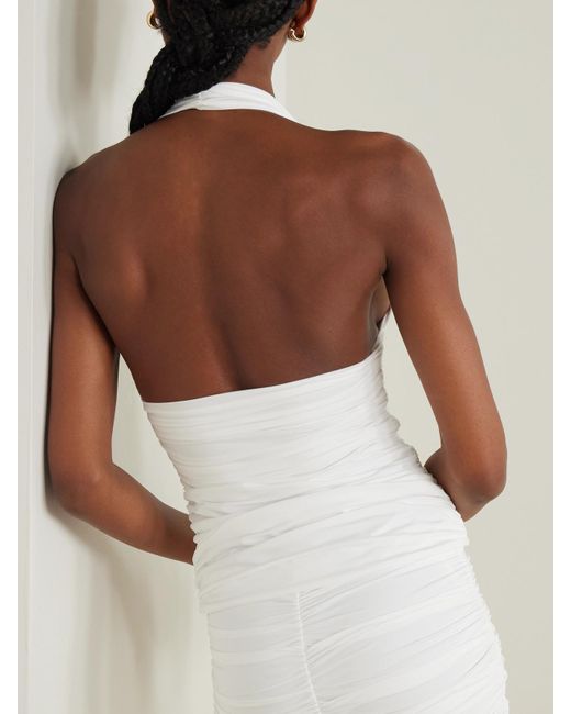 Maygel Coronel White Galini Appliquéd Ruched Stretch-Jersey Halterneck Top