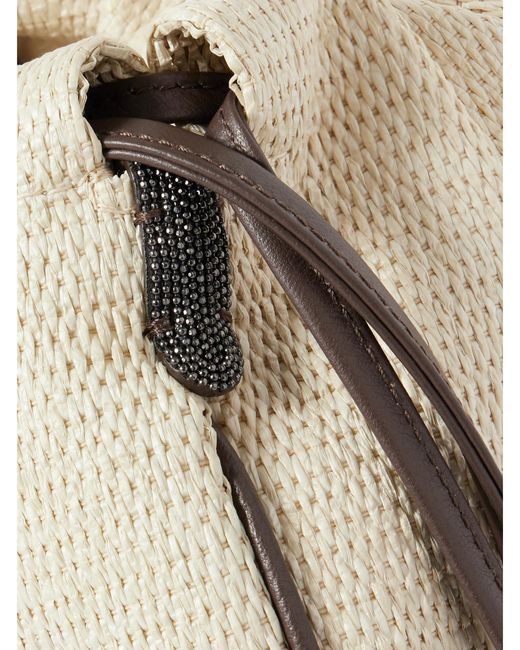Brunello Cucinelli Natural Embellished Leather-Trimmed Raffia Shoulder Bag