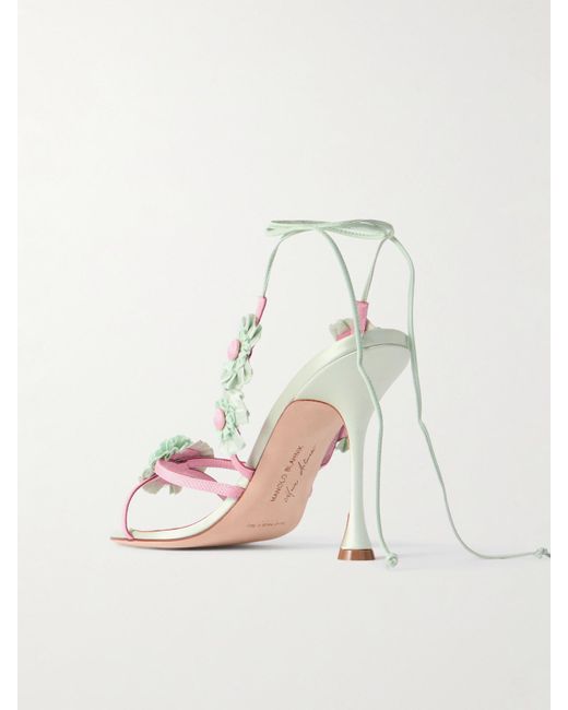Manolo Blahnik Metallic Palissot 105 Leather-Trimmed Appliquéd Grosgrain And Satin Sandals