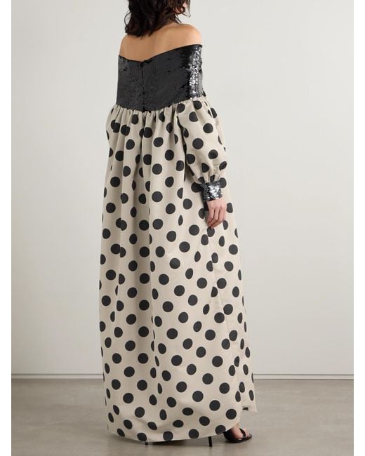Dima Ayad Black Off-The-Shoulder Tulle-Paneled Sequined Polka-Dot Satin Maxi Dress