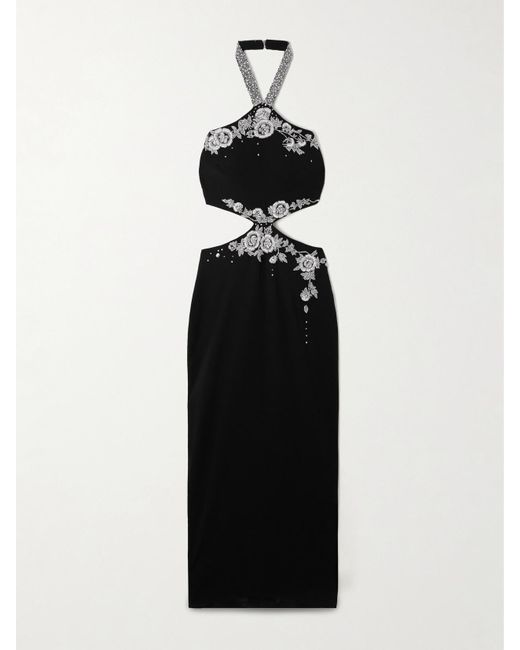 Miss Sohee Black Cutout Crystal-Embellished Embroidered Crepe Halterneck Gown