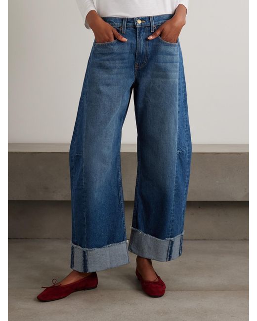 B Sides Blue Relaxed Lasso Frayed Mid-Rise Barrel-Leg Jeans