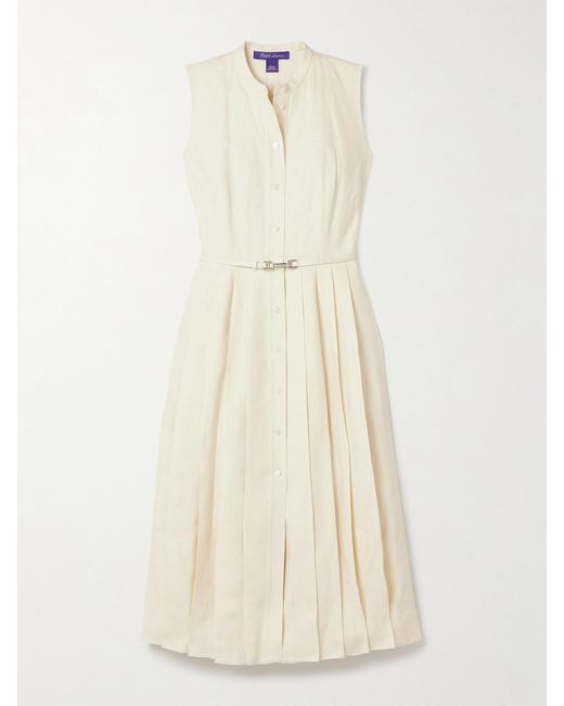 Ralph Lauren Natural Kennedi Belted Pleated Linen Midi Dress