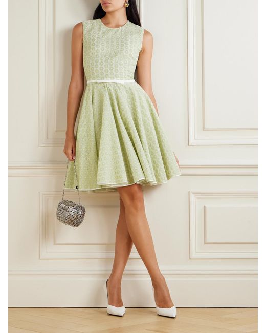 Giambattista Valli Green Belted Bow-Embellished Pleated Cotton Guipure Lace Mini Dress