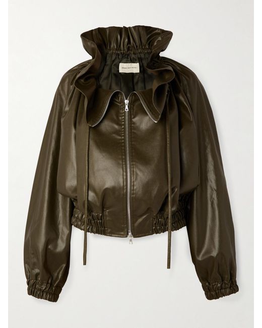 Dries Van Noten Green Cropped Ruffled Faux Leather Bomber Jacket